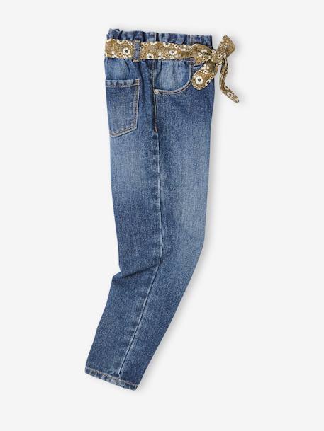 Paperbag jeans met bloemenriem voor meisjes denimgrijs+onbewerkt denim+stone+zwart - vertbaudet enfant 