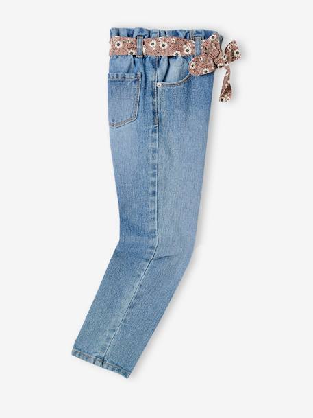 Paperbag jeans met bloemenriem voor meisjes denimgrijs+onbewerkt denim+stone+zwart - vertbaudet enfant 