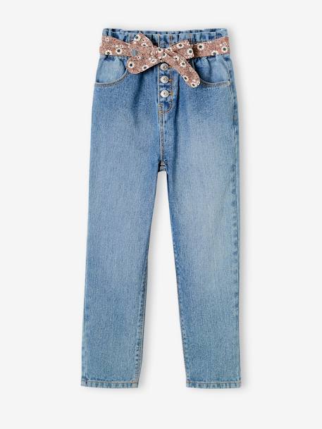 Paperbag jeans met bloemenriem voor meisjes denimgrijs+onbewerkt denim+stone+zwart - vertbaudet enfant 