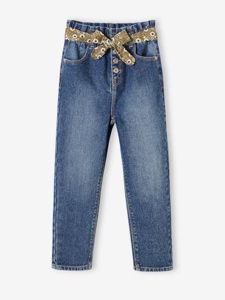 Paperbag jeans met bloemenriem voor meisjes denimgrijs+onbewerkt denim+stone+zwart - vertbaudet enfant 