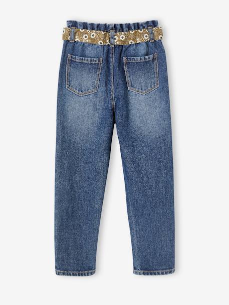 Paperbag jeans met bloemenriem voor meisjes denimgrijs+onbewerkt denim+stone+zwart - vertbaudet enfant 