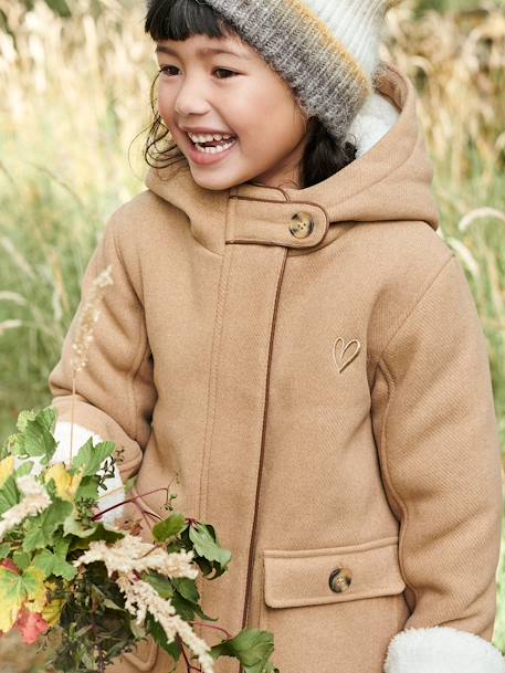 Mantel met capuchon van wol met sherpa voering voor meisjes bordeauxrood+donkergroen+geel - vertbaudet enfant 