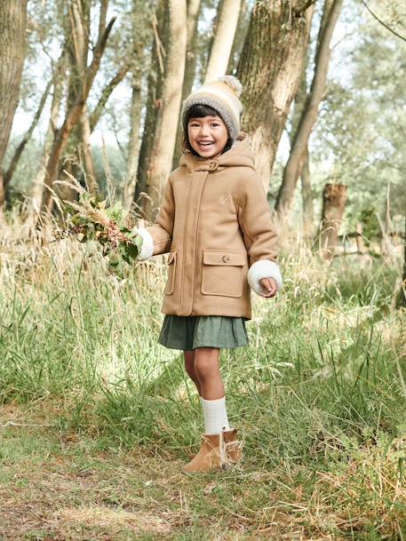 Mantel met capuchon van wol met sherpa voering voor meisjes bordeauxrood+donkergroen+geel - vertbaudet enfant 