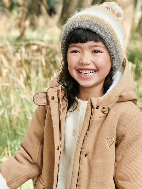 Mantel met capuchon van wol met sherpa voering voor meisjes bordeauxrood+donkergroen+geel - vertbaudet enfant 