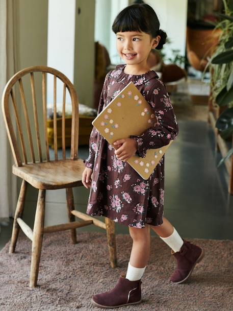 Meisjesjurk met bloemenprint en kraagje donkere pruimkleur met print - vertbaudet enfant 