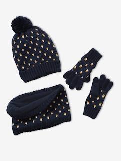 Meisje-Accessoires-Meisjesmuts, sjaal, handschoenen-Set muts + snood + handschoenen met hartjes meisje