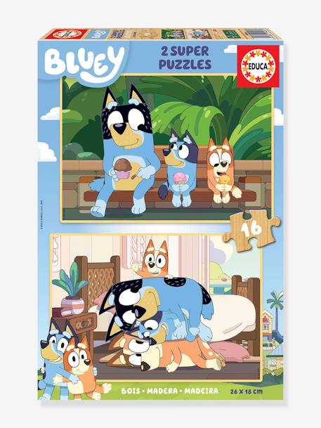 2 Super Puzzels 16 stukjes hout - Bluey - EDUCA blauw - vertbaudet enfant 