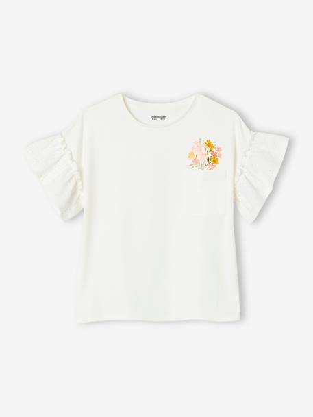 Meisjes-t-shirt met ruches van Engels borduurwerk ecru+perzik - vertbaudet enfant 