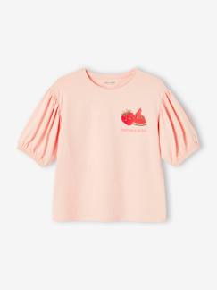 Meisje-T-shirt, souspull-Meisjes t-shirt met bolletjesmouw en fruitmotief op de borst