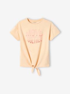 Meisje-Sportief meisjes-T-shirt met glittermotief en geknoopte onderkant