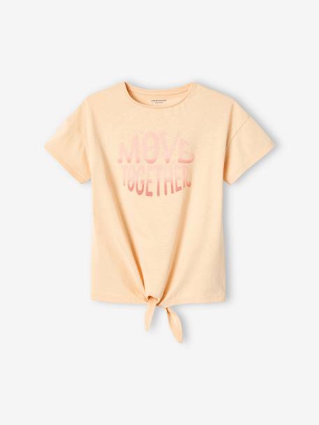 Sportief meisjes-T-shirt met glittermotief en geknoopte onderkant ecru - vertbaudet enfant 