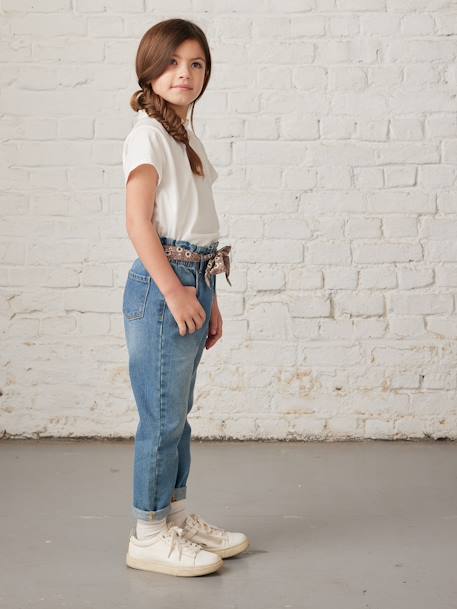 Paperbag jeans met bloemenriem voor meisjes denimgrijs+onbewerkt denim+stone+zwart - vertbaudet enfant 