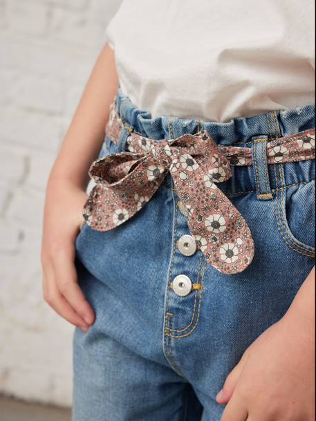 Paperbag jeans met bloemenriem voor meisjes denimgrijs+onbewerkt denim+stone+zwart - vertbaudet enfant 