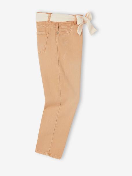'Mom fit' broek en sjaalriem van katoengaas voor meisjes mosterdgeel+perzik+roze - vertbaudet enfant 
