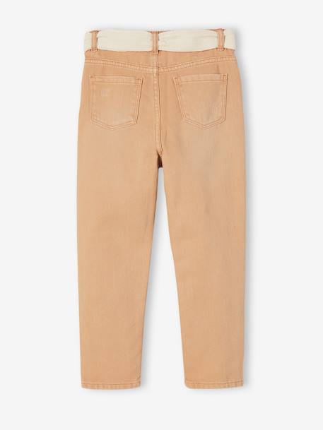 'Mom fit' broek en sjaalriem van katoengaas voor meisjes mosterdgeel+perzik+roze - vertbaudet enfant 