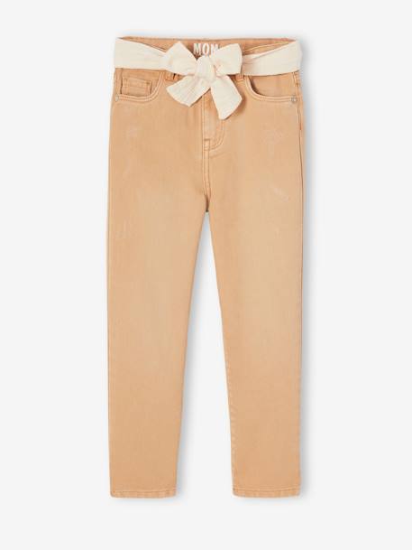 'Mom fit' broek en sjaalriem van katoengaas voor meisjes mosterdgeel+perzik+roze - vertbaudet enfant 