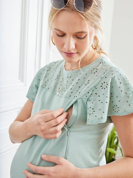 T-Shirt voor zwangerschap en borstvoeding in twee materialen mintgroen+parelgrijs - vertbaudet enfant 