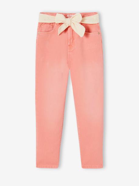 'Mom fit' broek en sjaalriem van katoengaas voor meisjes mosterdgeel+perzik+roze - vertbaudet enfant 