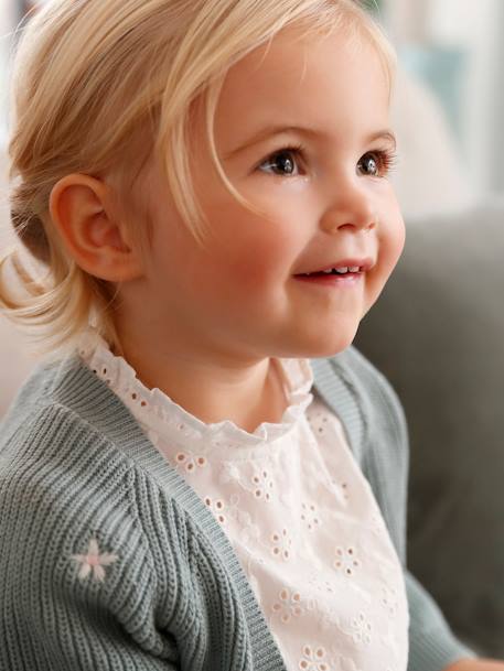Babyvestje met borduursel en V-hals van Engels ribbreisel blauwgroen+ecru - vertbaudet enfant 