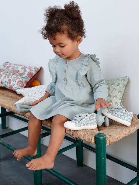 Fleece jurkje voor baby's met ruches van Engels borduurwerk grijsblauw+karamel+koraal - vertbaudet enfant 