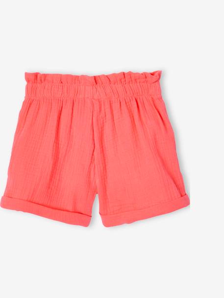 Meisjesshort in 'paperbag'-stijl, van katoengaas beige+felblauw+koraal+saliegroen - vertbaudet enfant 