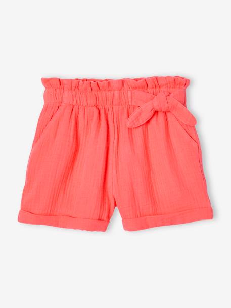 Meisjesshort in 'paperbag'-stijl, van katoengaas beige+felblauw+koraal+saliegroen - vertbaudet enfant 