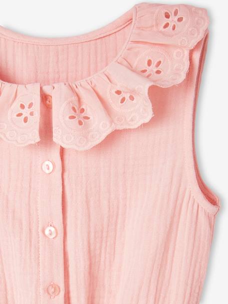 Lange babytuinbroek van katoenen gaas met kraag van Engels borduurwerk lichtroze+oudroze+saliegroen - vertbaudet enfant 
