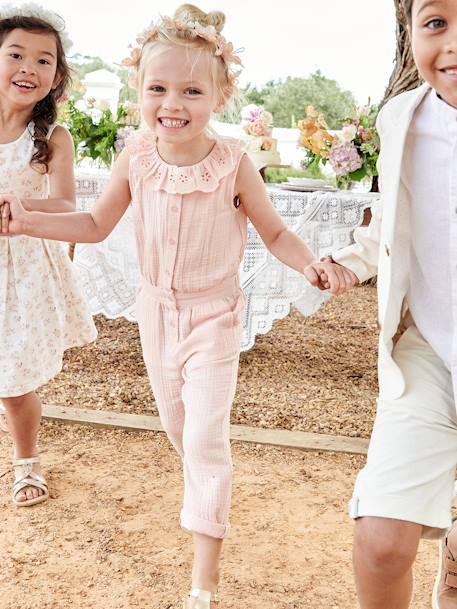 Lange babytuinbroek van katoenen gaas met kraag van Engels borduurwerk lichtroze+oudroze+saliegroen - vertbaudet enfant 