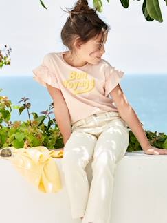 -Meisjes-T-shirt met print in zwelinkt en korte mouwen met ruches
