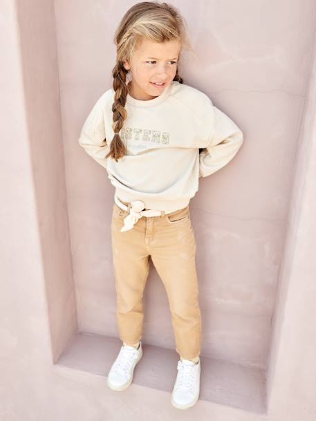 'Mom fit' broek en sjaalriem van katoengaas voor meisjes mosterdgeel+perzik+roze - vertbaudet enfant 