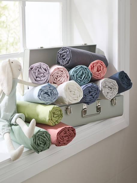Effen hoeslaken kind Oeko-Tex® antraciet+blauwgroen+ecru+grijs+groen+jeansblauw+koraal+Licht lila+lichtblauw+lichtroze+marineblauw+pistache+saliegroen+terracotta+wit - vertbaudet enfant 