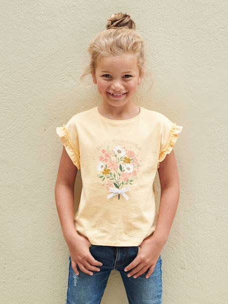 Meisjes-T-shirt met iriserend motief en korte mouwen met ruches antraciet+lichtgeel+lichtroze+marineblauw - vertbaudet enfant 