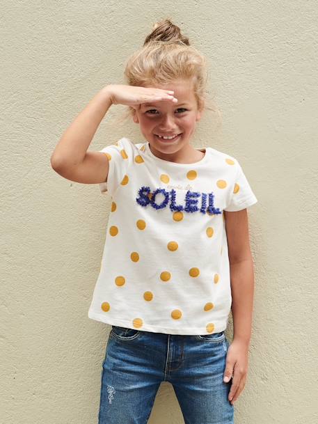 Meisjesshirt met bloemenmotief en gezichtje ecru+poederroze+terracotta - vertbaudet enfant 