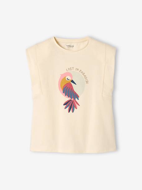 Meisjesshirt met paradijsvogel en schoudermouwen ecru+snoepjesroze - vertbaudet enfant 