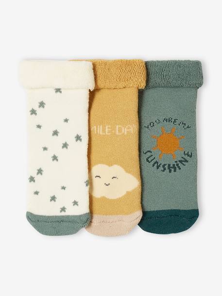 Set van 3 paar sokjes met sterren, wolk en zon voor meisjesbaby's saliegroen - vertbaudet enfant 