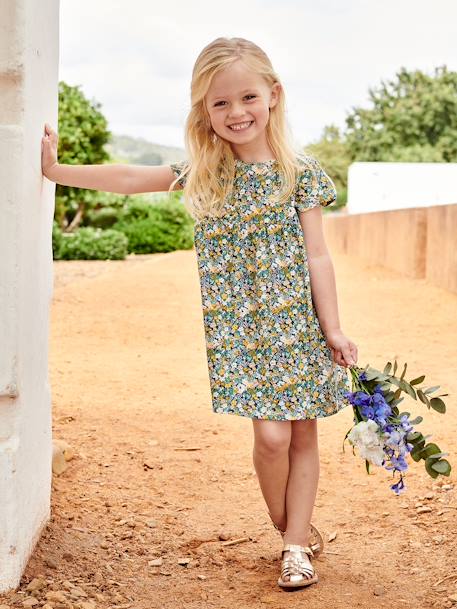 Set jurk + cardigan voor meisje grijsblauw+ivoor met print+oceaanblauw - jurk met bloemen+smaragdgroen+zachtpaars - vertbaudet enfant 