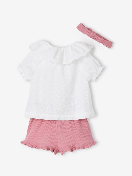3-delige babyset met geborduurde blouse, short van katoengaas en bijpassende hoofdband rozen - vertbaudet enfant 