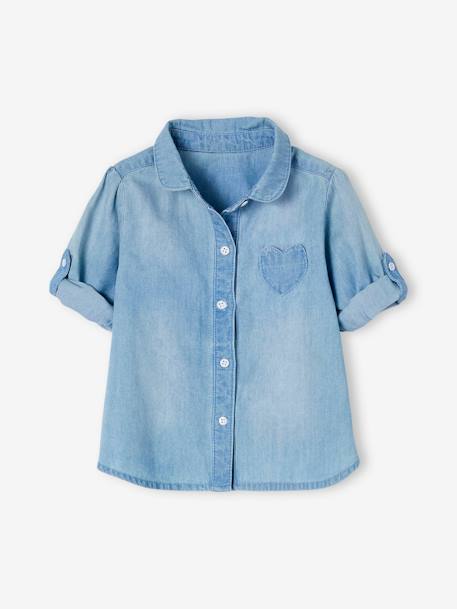 Personaliseerbare overhemd van afgewassen jeans babymeisje GEBLEEKTE DENIM - vertbaudet enfant 