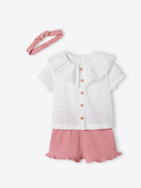3-delige babyset met geborduurde blouse, short van katoengaas en bijpassende hoofdband rozen - vertbaudet enfant 