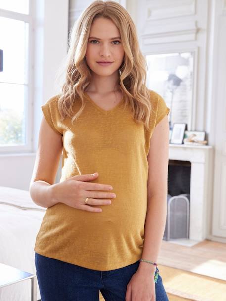 T-shirt met V-hals van katoen en linnen voor zwangerschap saffraan - vertbaudet enfant 