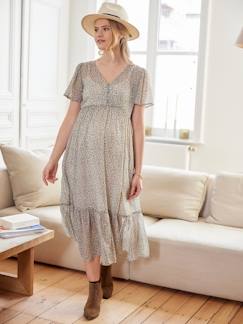 Zwangerschapskleding-Jurk-Lange jurk met ruches van crpe met print, voor zwangerschap en borstvoeding