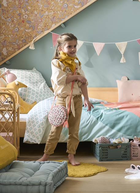 'Mom fit' broek en sjaalriem van katoengaas voor meisjes mosterdgeel+perzik+roze - vertbaudet enfant 