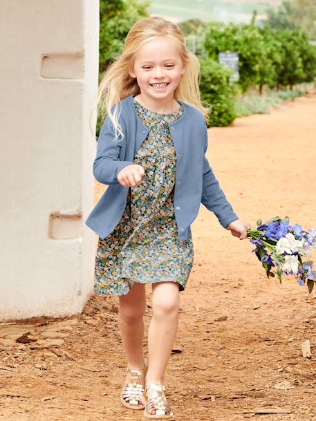 Set jurk + cardigan voor meisje grijsblauw+ivoor met print+oceaanblauw - jurk met bloemen+smaragdgroen+zachtpaars - vertbaudet enfant 