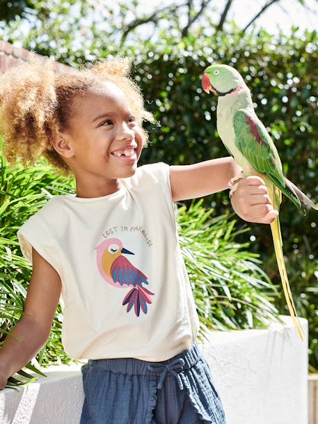 Meisjesshirt met paradijsvogel en schoudermouwen ecru+snoepjesroze - vertbaudet enfant 