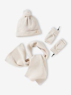 Meisje-Accessoires-Meisjesmuts, sjaal, handschoenen-Meisjesset van geribd breiwerk met muts + sjaal + wanten/vingerhandschoentjes