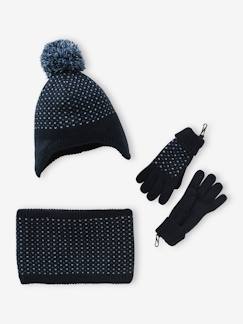 Jongens-Accessoires-Muts, sjaal, handschoenen-Jongensset muts + snood + handschoenen of wanten van driedubbel jacquardbreisel