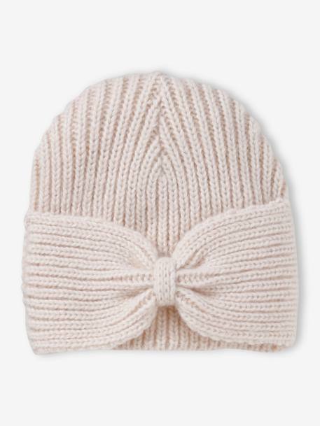Geribde meisjesmuts met strik gemêleerd beige+kaneel+oudroze - vertbaudet enfant 
