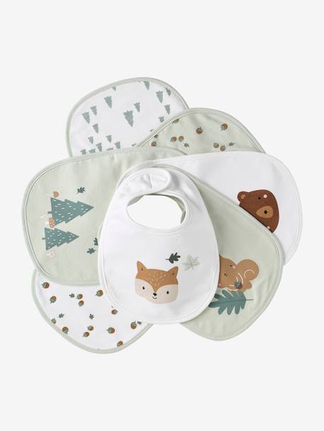 Set van 7 babyslabbetjes beige, bedrukt+blauwgroen+Egel+jungle wit+lichtroze+touw - vertbaudet enfant 