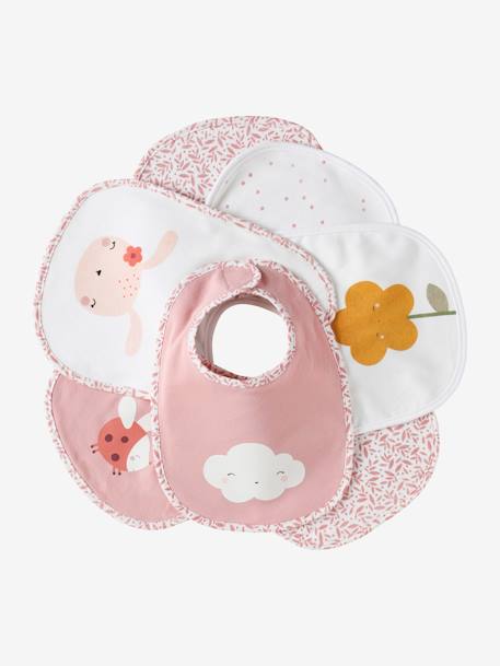 Set van 7 babyslabbetjes beige, bedrukt+blauwgroen+Egel+jungle wit+lichtroze+touw - vertbaudet enfant 