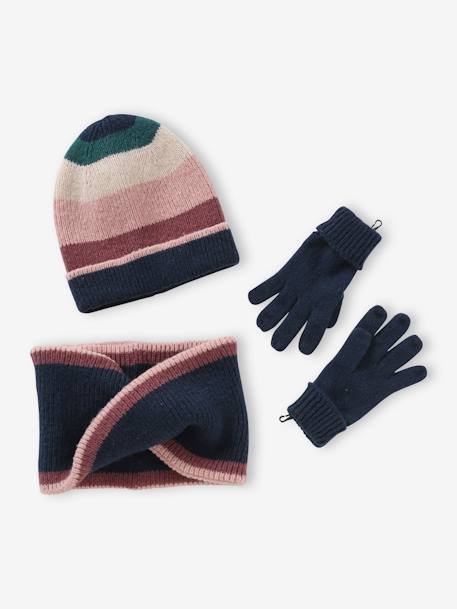 Meisjesmuts + capuchon + handschoenen of colorblock wanten marineblauw - vertbaudet enfant 